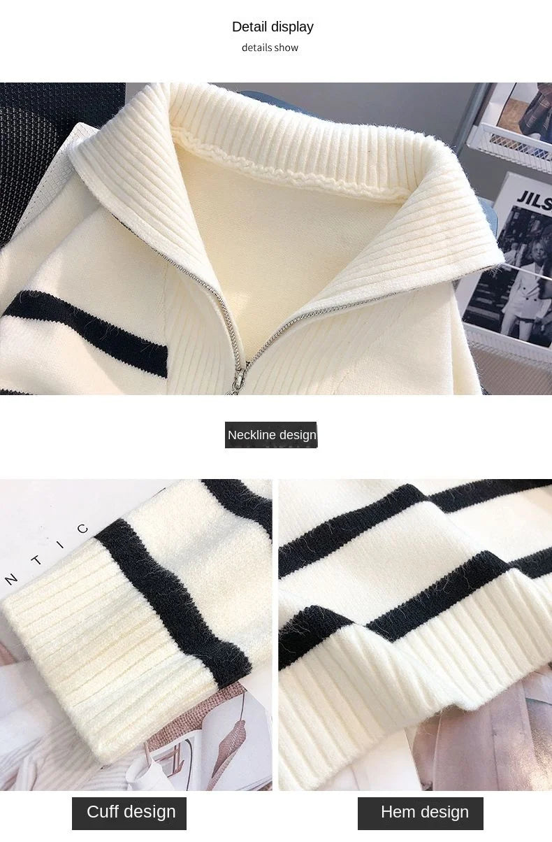 Striped Zip-Collar Knit Pullover