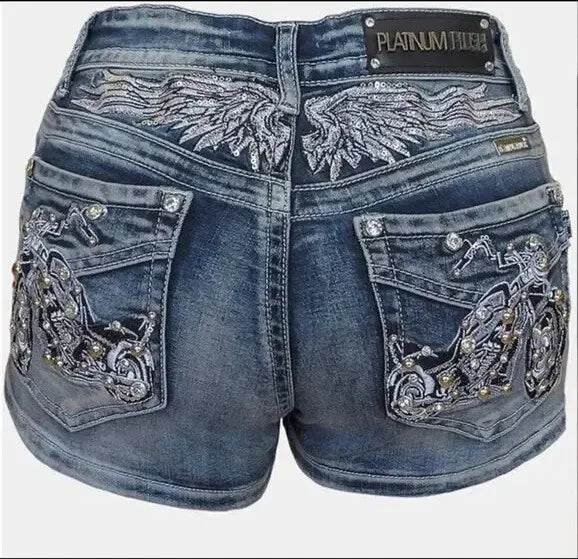 Moto Wing Rivet Embroidered Denim Shorts