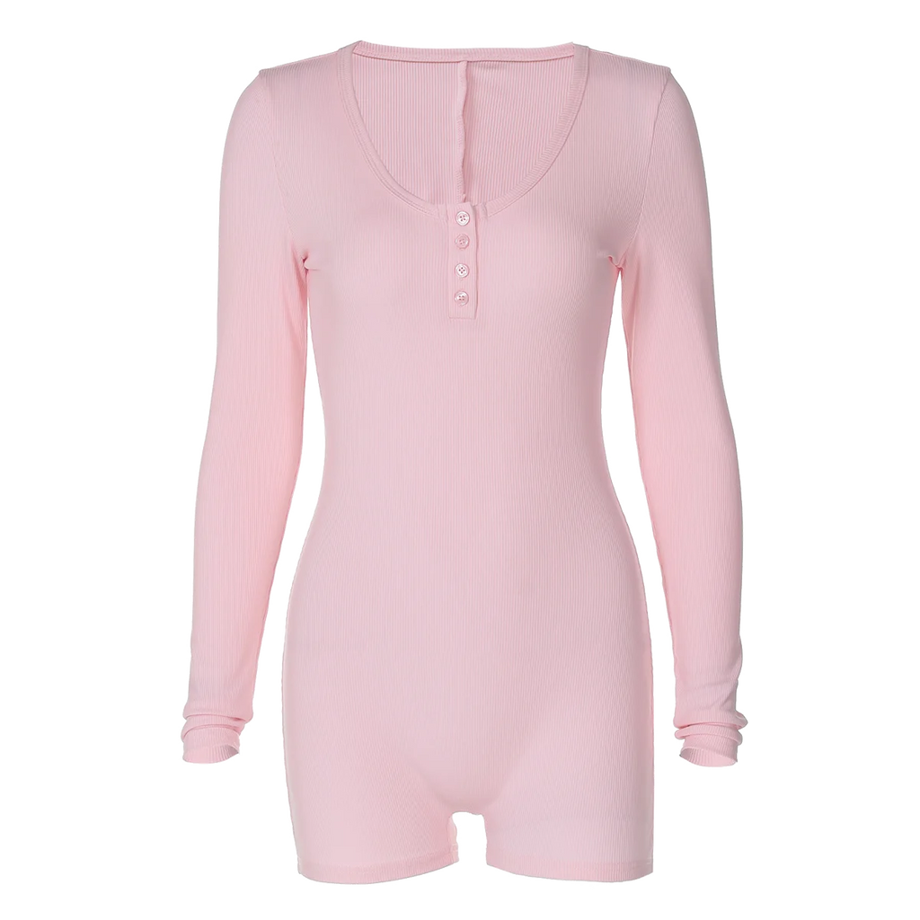 Hugcitar Spring Ribbed Solid Square Collar Long Sleeve Buttons Sexy Bodycon Skinny Playsuit Women Casual Romper Streetwear Sport
