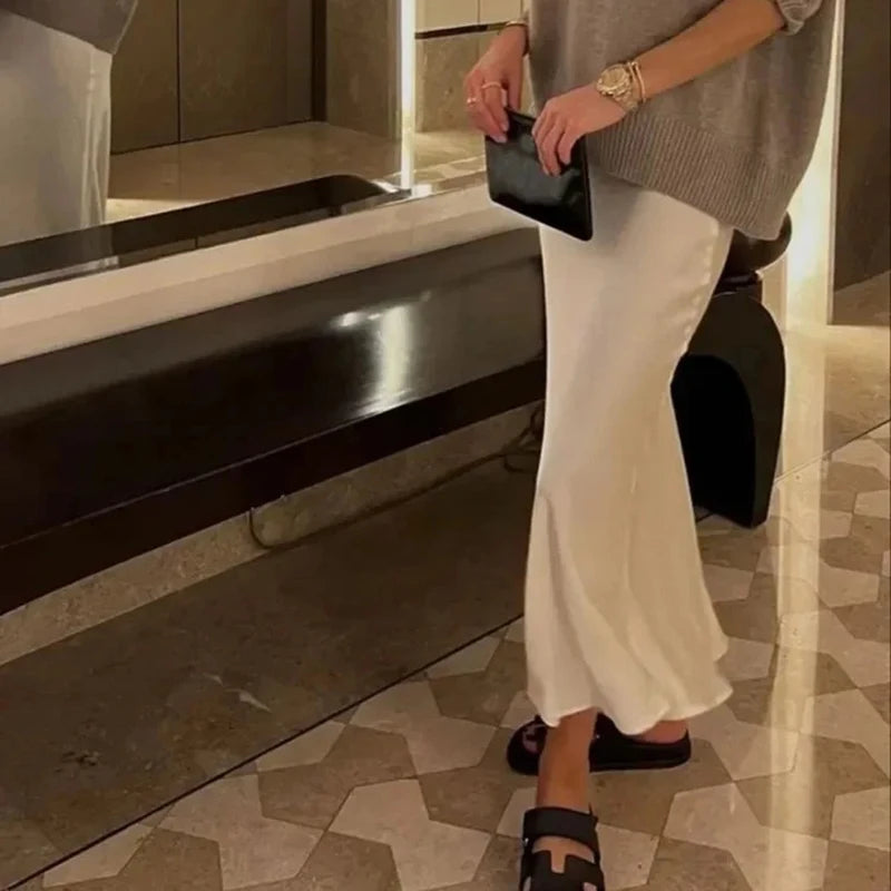 Summer Girls Solid Color Acetate Satin Skirts Lady Korean Slim Fit Thin Dress Female Classic High Waist Mid-Long Skirts