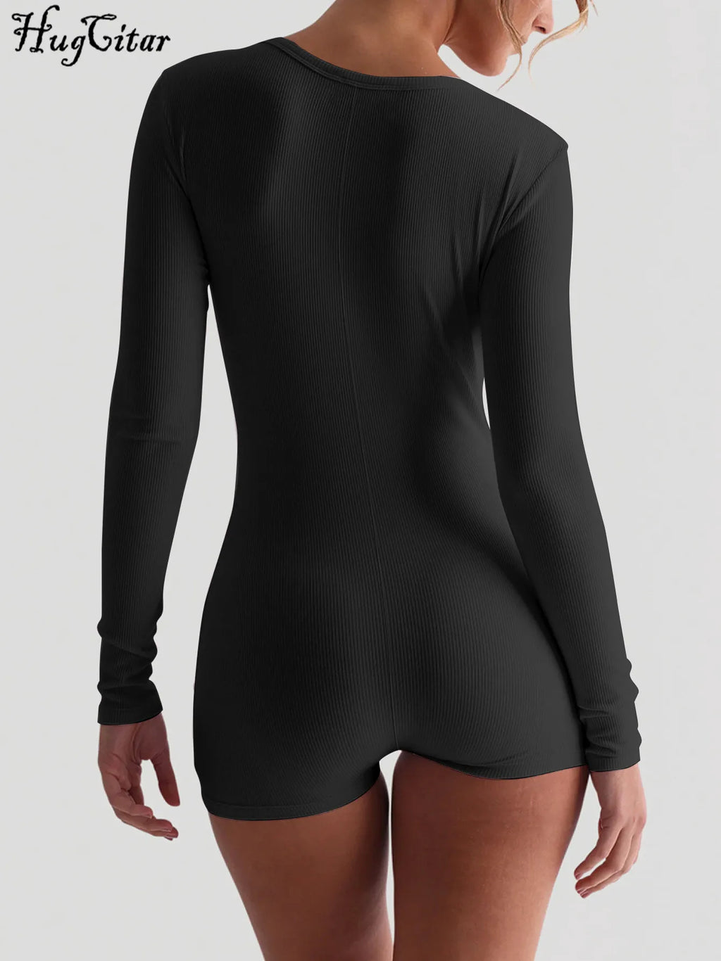 Hugcitar Spring Ribbed Solid Square Collar Long Sleeve Buttons Sexy Bodycon Skinny Playsuit Women Casual Romper Streetwear Sport