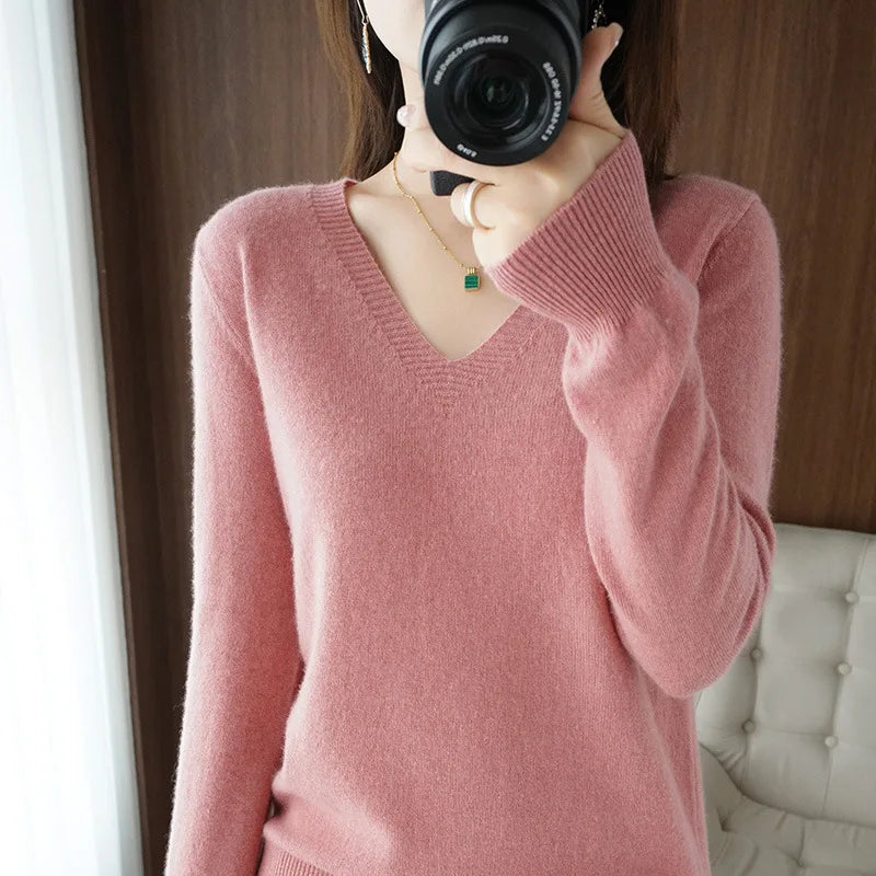 Lace-Neck Hollow-Out V-Neck Knit Pullover