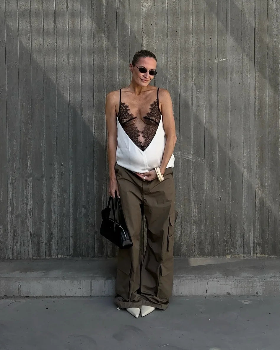Lace Patchwork Sling Top Women Chic Deep V-neck Hollow-out Sleeveless Off-shoulder Short Blouse Lady 2025 Daily Highstreet Tops