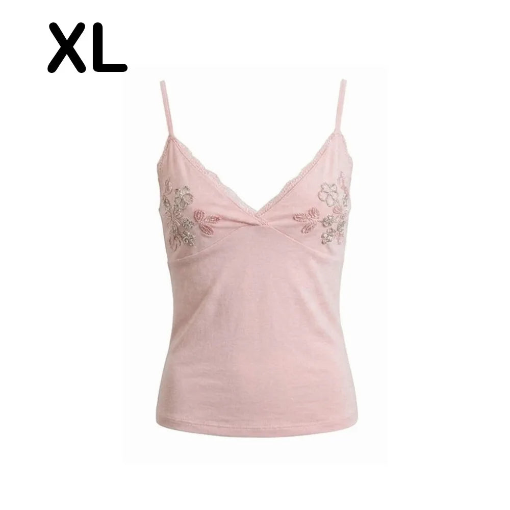 Floral Embroidery Lace Camisole Sleeveless Slim Fit Off Shoulder Camisole Stretchy Rhinestone Lace Top for Fashionable Girls