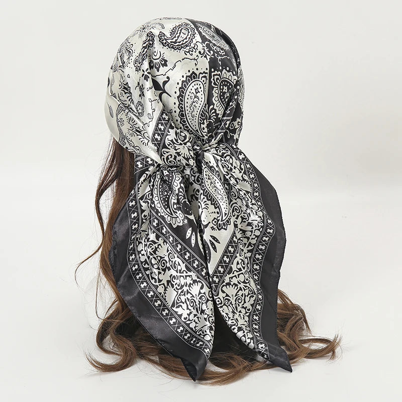 Satin Square Scarf Women Muslim Hijab Elegant 2025 Print Silk Neckerchief Shawl Wraps Headband Handle Hair Accessories Bandana