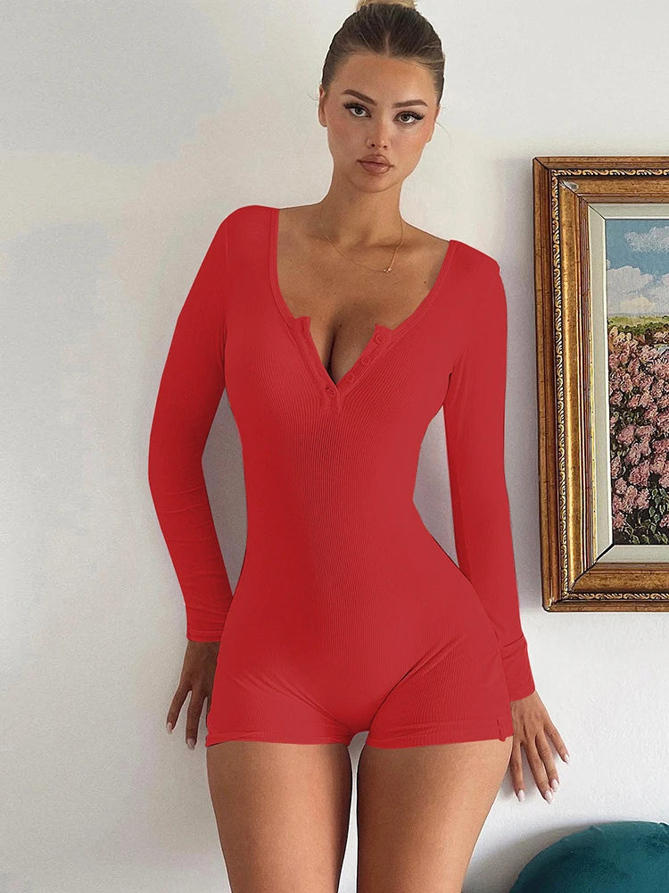 Hugcitar Spring Ribbed Solid Square Collar Long Sleeve Buttons Sexy Bodycon Skinny Playsuit Women Casual Romper Streetwear Sport