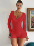 Hugcitar Spring Ribbed Solid Square Collar Long Sleeve Buttons Sexy Bodycon Skinny Playsuit Women Casual Romper Streetwear Sport