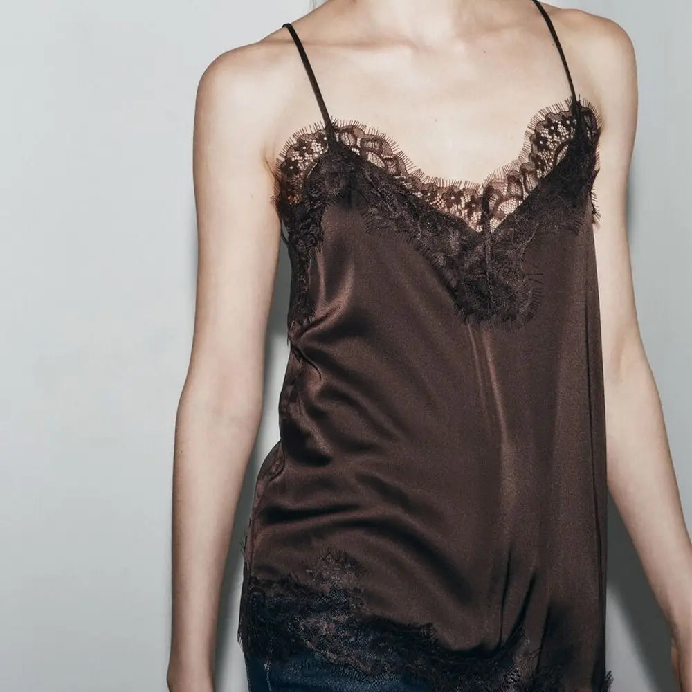 Chic Asymmetrical Lace Lace Patchwork Top Sexy Lace Sleeveless Camisole Tops Backless V Neck Backless Tops Summer Wear