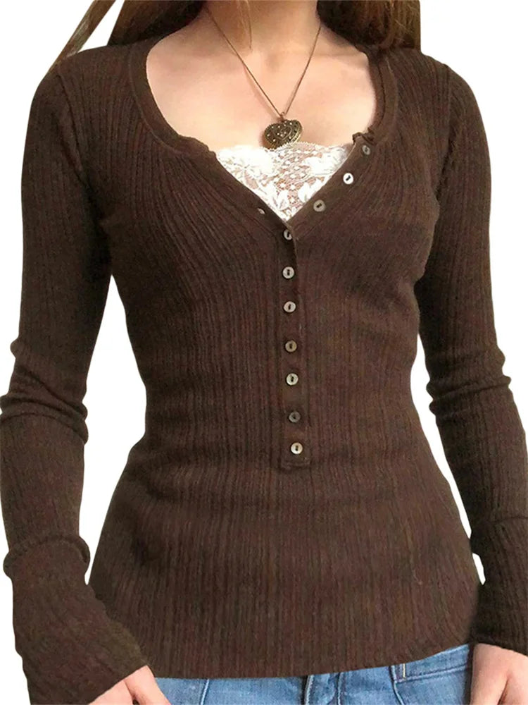 Lace Patchwork Bow Knit Top