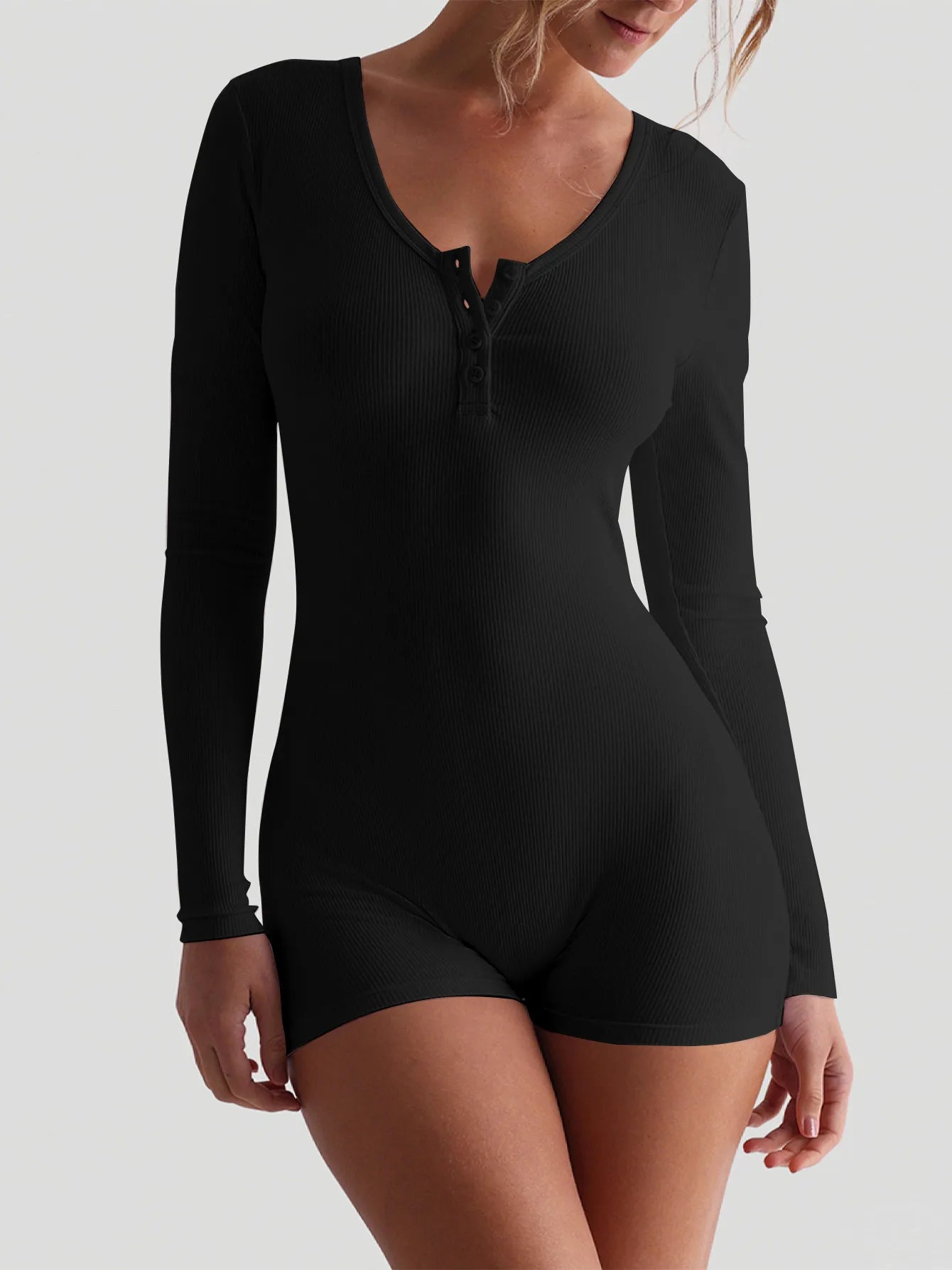 Ribbed Square Neck Button Bodycon Playsuit