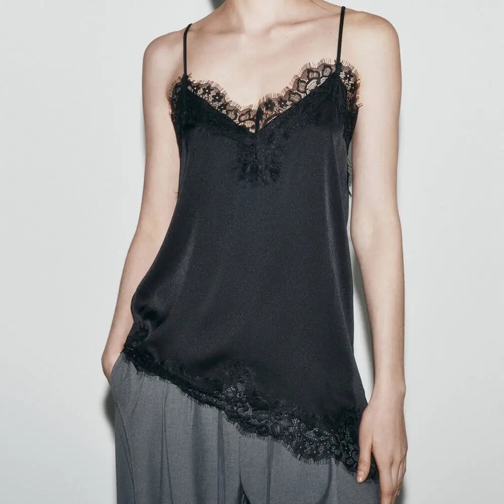 Chic Asymmetrical Lace Lace Patchwork Top Sexy Lace Sleeveless Camisole Tops Backless V Neck Backless Tops Summer Wear