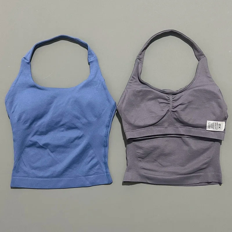 HISTELLO Impact Halter Top Seamless Longline Strappy Gym Tank Top Women Yoga Clothing Workout Fitness Sportswear Pilates Vest