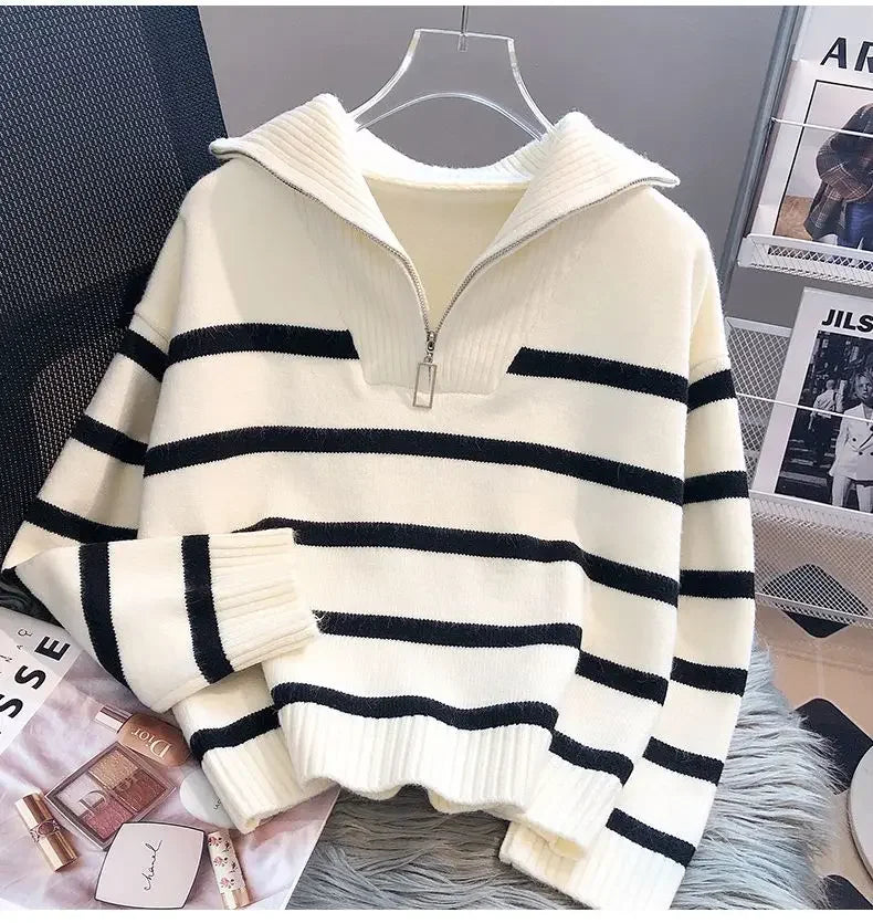 Striped Zip-Collar Knit Pullover