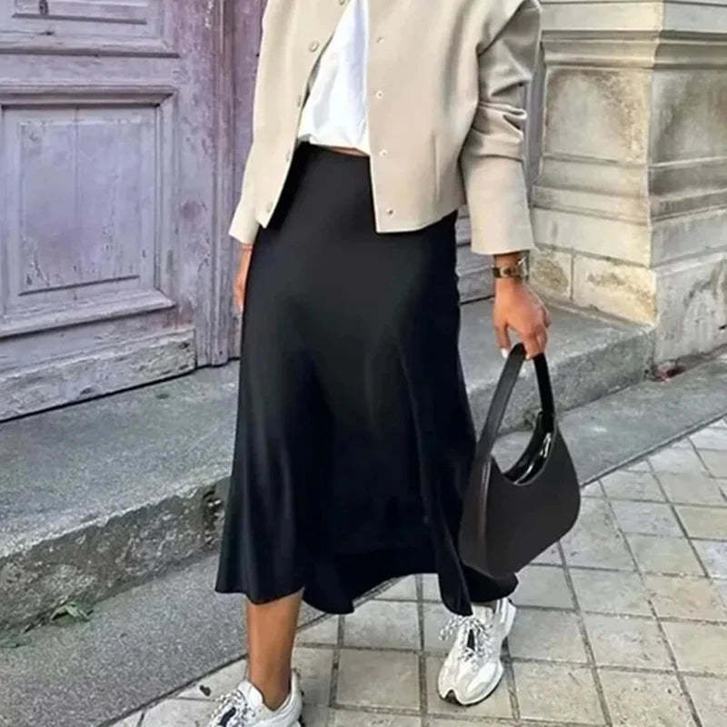 Summer Girls Solid Color Acetate Satin Skirts Lady Korean Slim Fit Thin Dress Female Classic High Waist Mid-Long Skirts