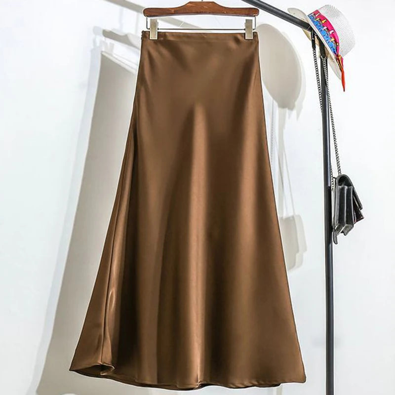 Summer Girls Solid Color Acetate Satin Skirts Lady Korean Slim Fit Thin Dress Female Classic High Waist Mid-Long Skirts