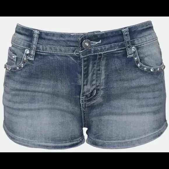 Moto Wing Rivet Embroidered Denim Shorts