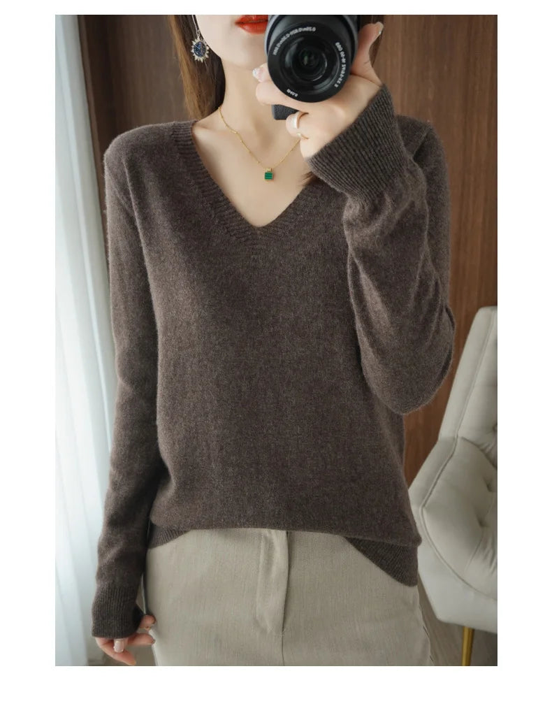 Lace-Neck Hollow-Out V-Neck Knit Pullover