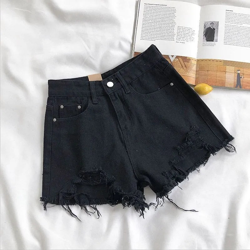 High-Waist Ripped Tassel Denim Shorts