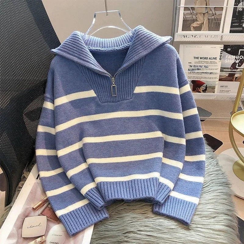 Striped Zip-Collar Knit Pullover