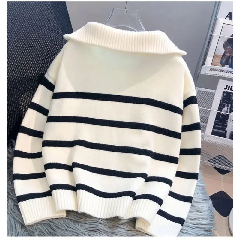 Striped Zip-Collar Knit Pullover