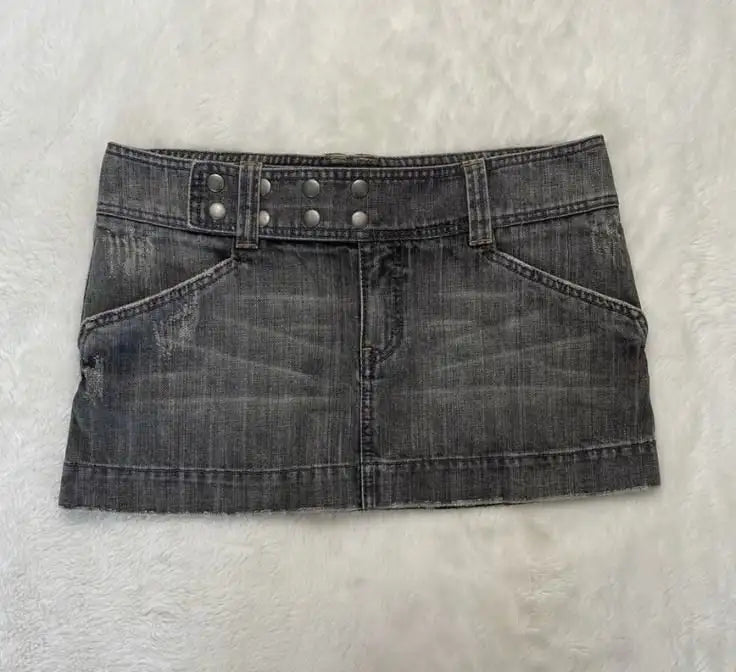 Y2K Adjustable Waist Mini Skirt Harajuku Hot Girl Solid Color Retro Gray Denim Skirt Women Gothic Slim Hip Low Waist Short Skirt