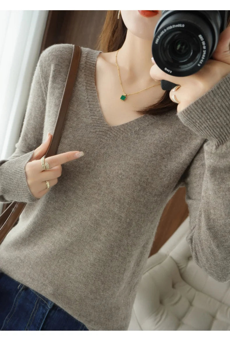 Lace-Neck Hollow-Out V-Neck Knit Pullover