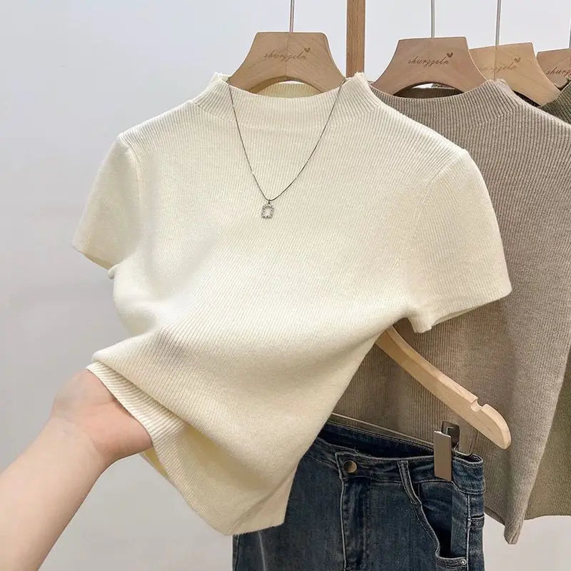 Slim Short-Sleeve Turtleneck Knit Top