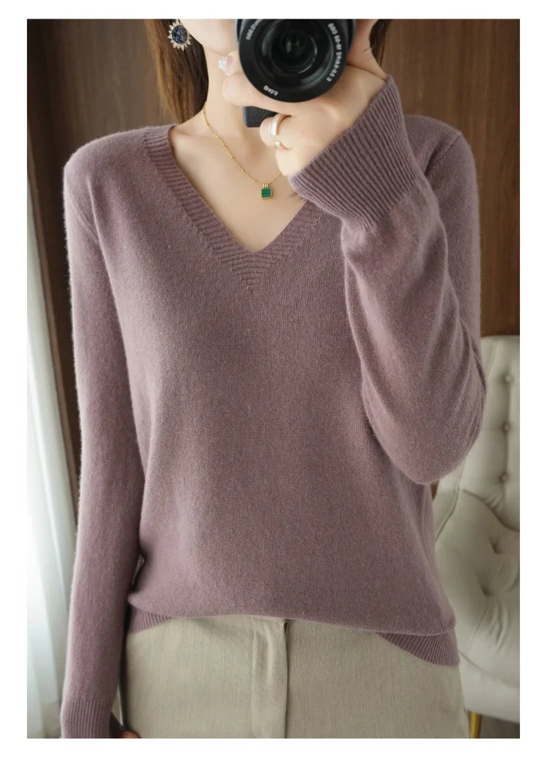 Lace-Neck Hollow-Out V-Neck Knit Pullover
