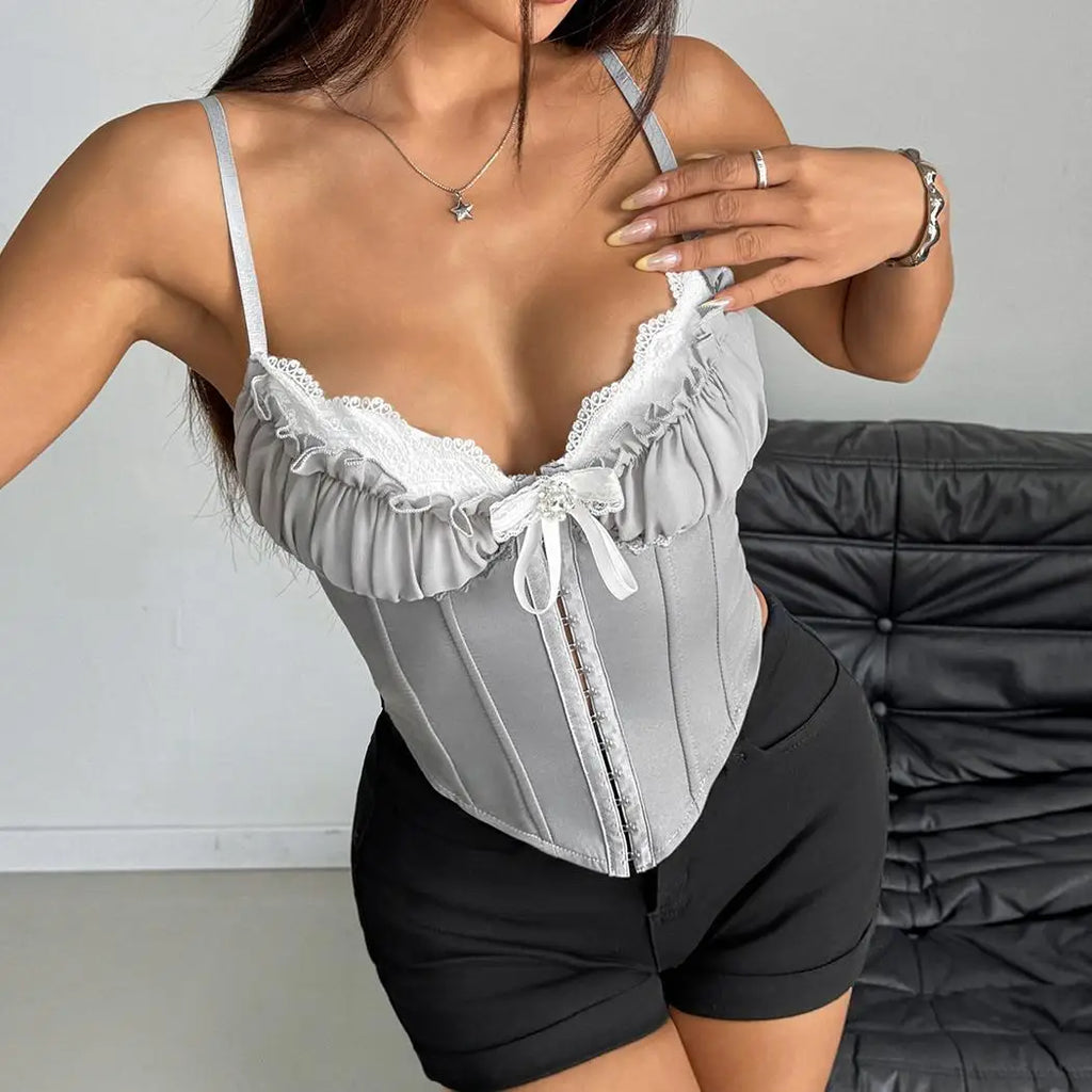 Sexy V Neck Y2K Crop Tops Lace Patchwork Pleated Bowknot Corset Top  Sexy Backless Slim Camisole Body Shape Fishbone Bustier