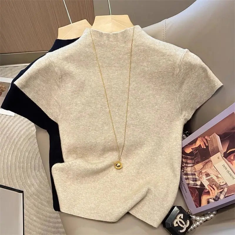 Slim Short-Sleeve Turtleneck Knit Top