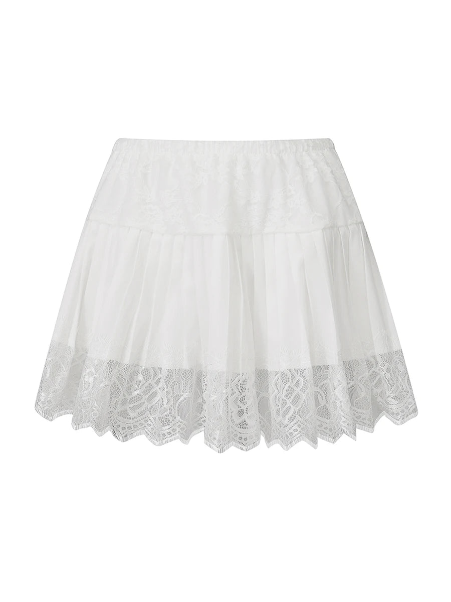 Women s Lace Mini Skirts Casual Low Waist Solid Color Loose Fit Pleated Skirts Summer A-line Skirts