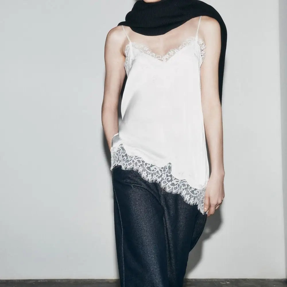 Chic Asymmetrical Lace Lace Patchwork Top Sexy Lace Sleeveless Camisole Tops Backless V Neck Backless Tops Summer Wear