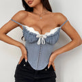 Sexy V Neck Y2K Crop Tops Lace Patchwork Pleated Bowknot Corset Top  Sexy Backless Slim Camisole Body Shape Fishbone Bustier