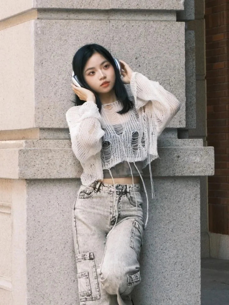 Y2K Hollow-Out Crop Sweater