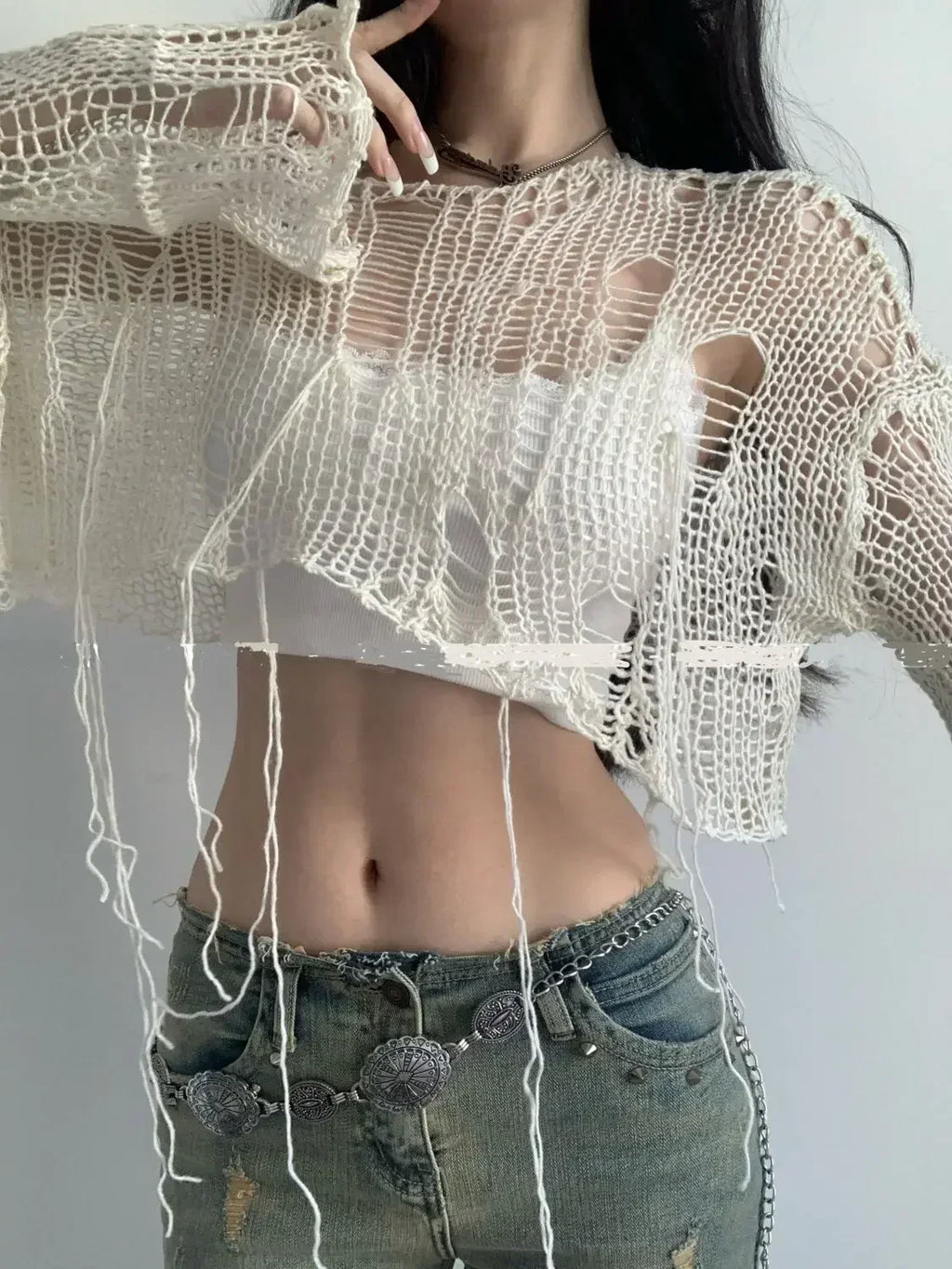 Y2K Hollow-Out Crop Sweater