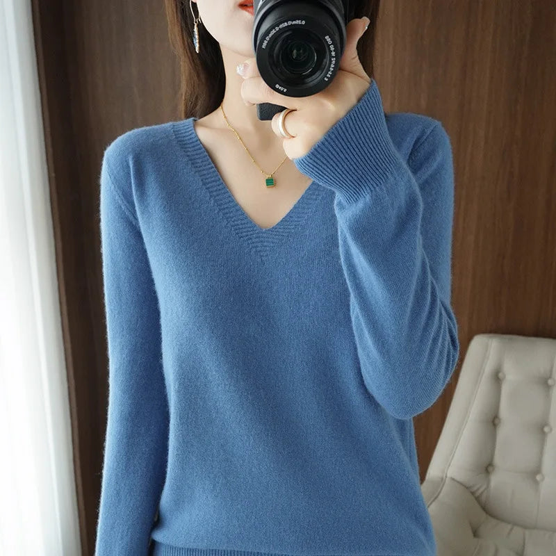 Lace-Neck Hollow-Out V-Neck Knit Pullover
