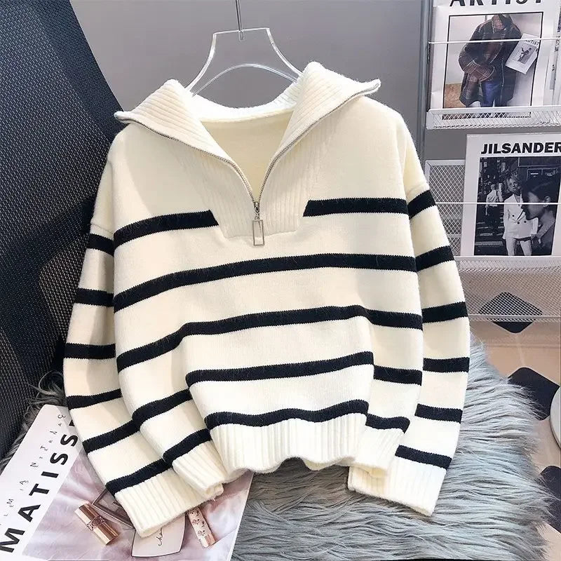 Striped Zip-Collar Knit Pullover