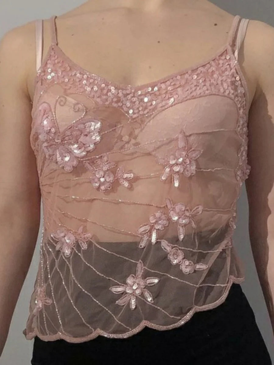 Fairy Y2K Lace Top Aesthetic Sexy Mesh Sheer Crop Top 90s Vintage Milkmaid Vest Chic Women Retro Streetwear