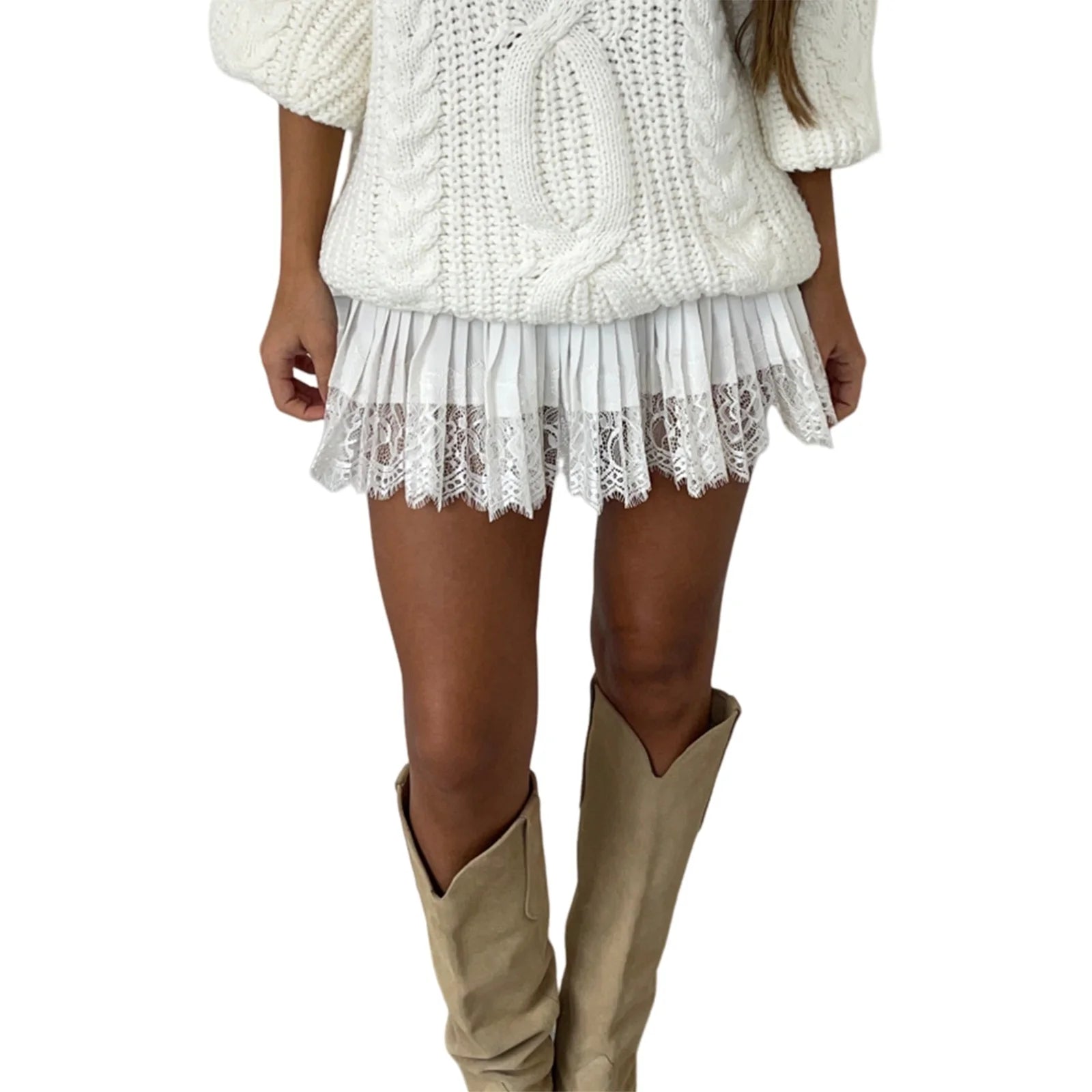 Women s Lace Mini Skirts Casual Low Waist Solid Color Loose Fit Pleated Skirts Summer A-line Skirts
