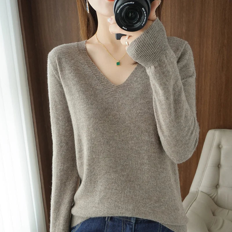 Lace-Neck Hollow-Out V-Neck Knit Pullover