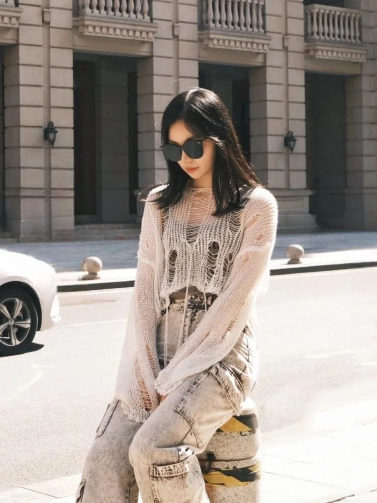 Y2K Hollow-Out Crop Sweater