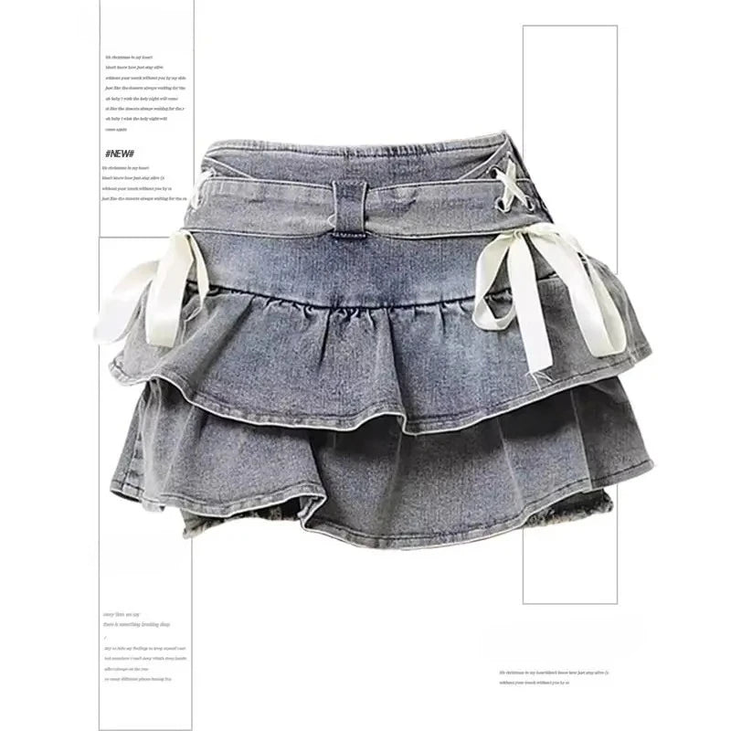 Y2K Riveted Belt A-Line Denim Mini Skirt