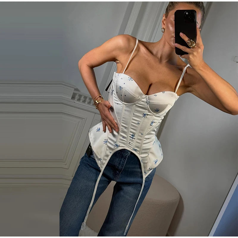 Floral Print Corset Cami Top Sweetheart Neckline Irregular Hem 2026 Summer Casual Women Bustier Fashion Versatile Lady Outwear