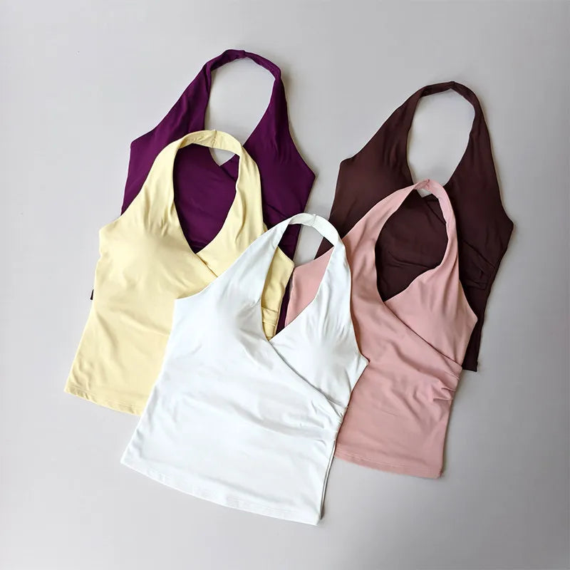 Sexy V-neck Cross Halter Neck with Chest Pad Yoga Vest Sleeveless Naked Sense Sports Fitness Bras Top Outer Wear Beautiful Back