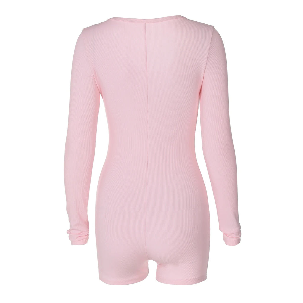 Hugcitar Spring Ribbed Solid Square Collar Long Sleeve Buttons Sexy Bodycon Skinny Playsuit Women Casual Romper Streetwear Sport
