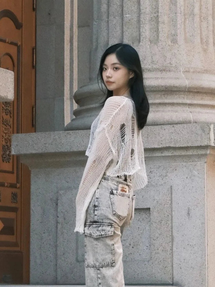 Y2K Hollow-Out Crop Sweater