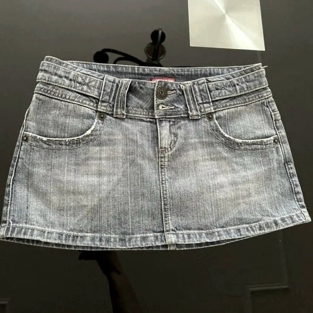 Y2K Retro Light Blue Mini Skirt Harajuku Classic Casual Denim Skirt Gothic Fashion Kawaii Low Waist Micro Skirt Womens Clothing