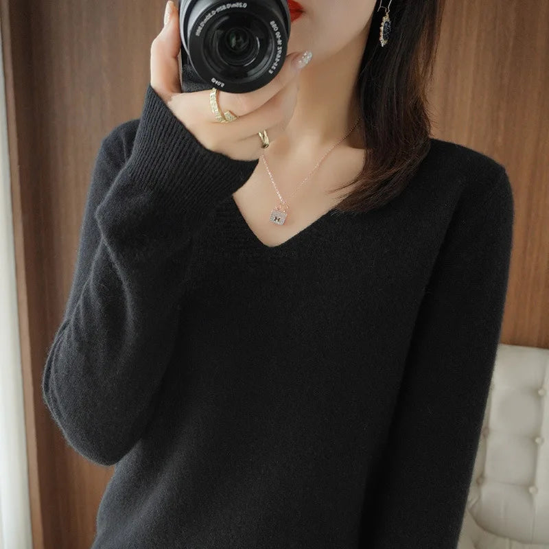 Lace-Neck Hollow-Out V-Neck Knit Pullover