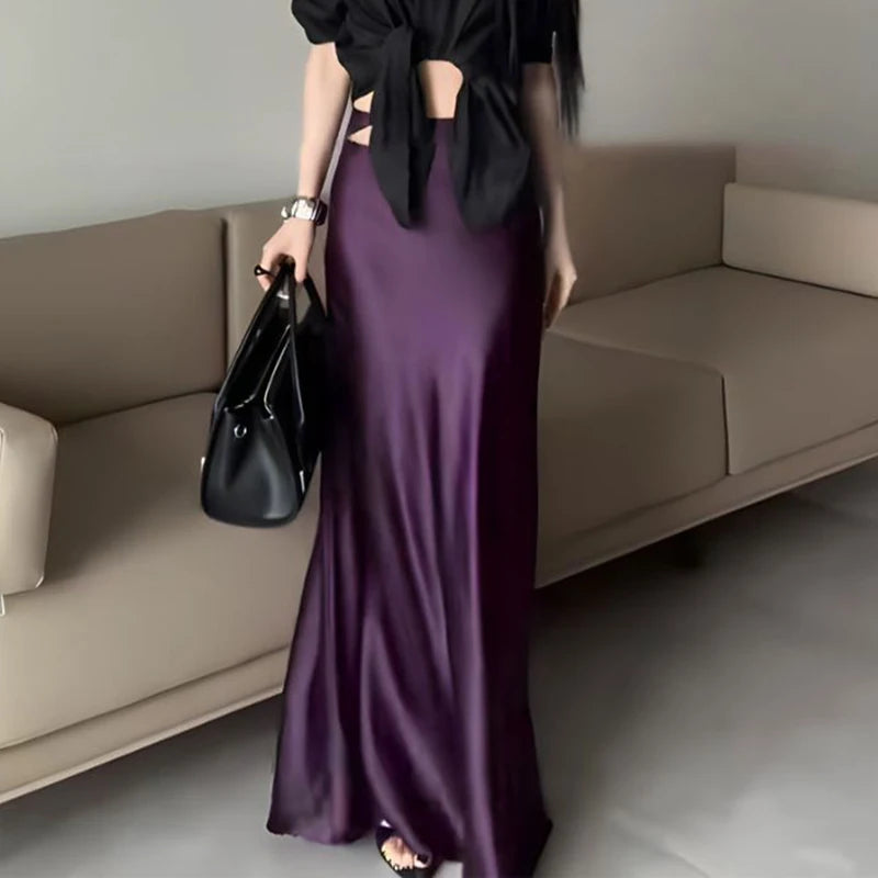 Summer Girls Solid Color Acetate Satin Skirts Lady Korean Slim Fit Thin Dress Female Classic High Waist Mid-Long Skirts