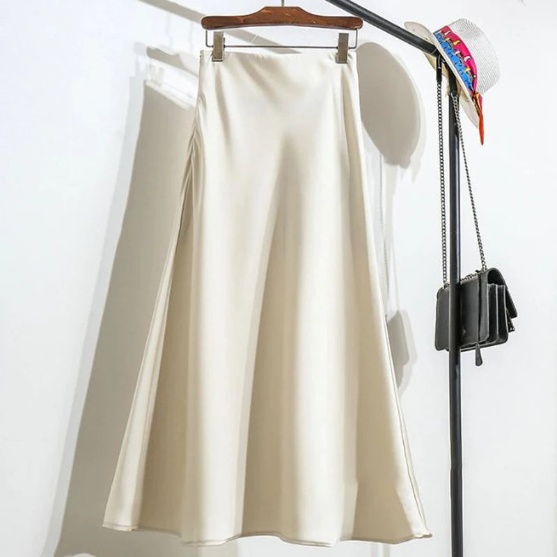 Summer Girls Solid Color Acetate Satin Skirts Lady Korean Slim Fit Thin Dress Female Classic High Waist Mid-Long Skirts
